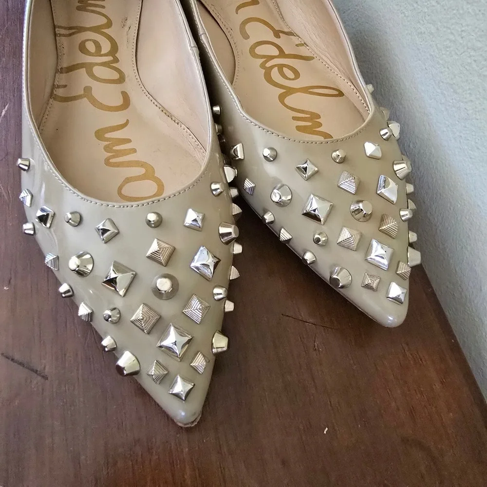 Sam Edelman‎ Savana Beige Patent Studded Pointed Toe Flats Shoes 9.5M